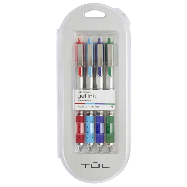 TUL Retractable Gel Pens, Medium Point, 0.7 mm, Silver Barrel, Assorted Inks, Pack Of 4 Pens