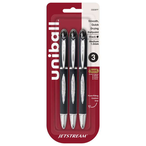 uni-ball JetStream Ballpoint Pens, Bold Point, 1.0 mm, Black Barrel, Black Ink, Pack Of 3