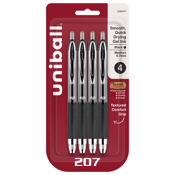 uni-ball Signo Gel 207 Retractable Gel Pens, Medium Point, 0.7 mm, Clear Barrel, Black Ink, Pack Of 4 Pens