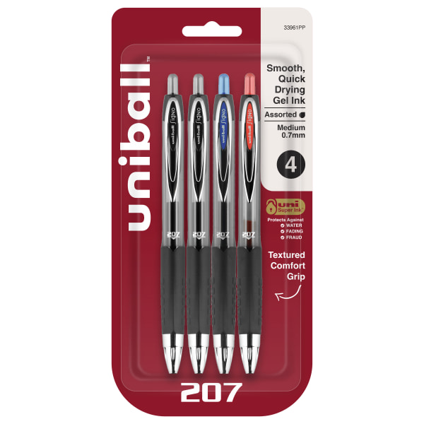 uni-ball 207 Retractable Fraud Prevention Gel Pens, Medium Point, 0.7 mm, Black Barrels, Assorted Ink Colors, Pack Of 4 Pens