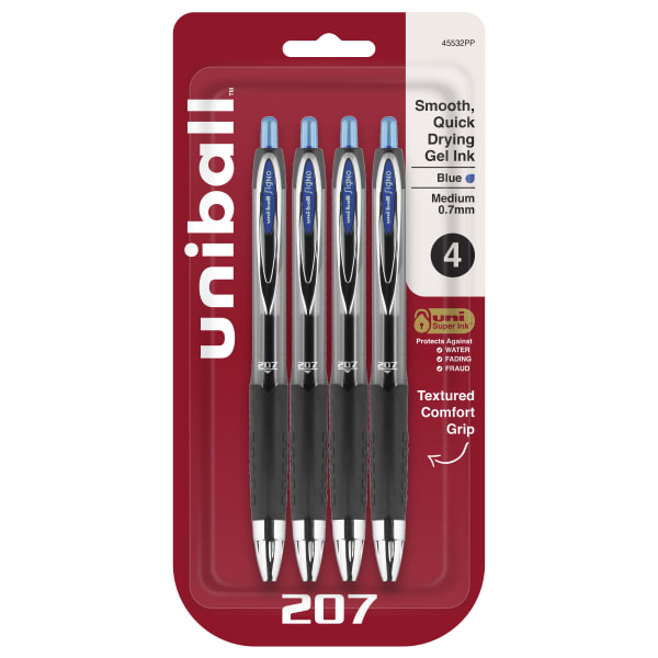 uni-ball Gel 207 Retractable Gel Pens, Medium Point, 0.7 mm, Clear Barrel, Blue Ink, Pack Of 4