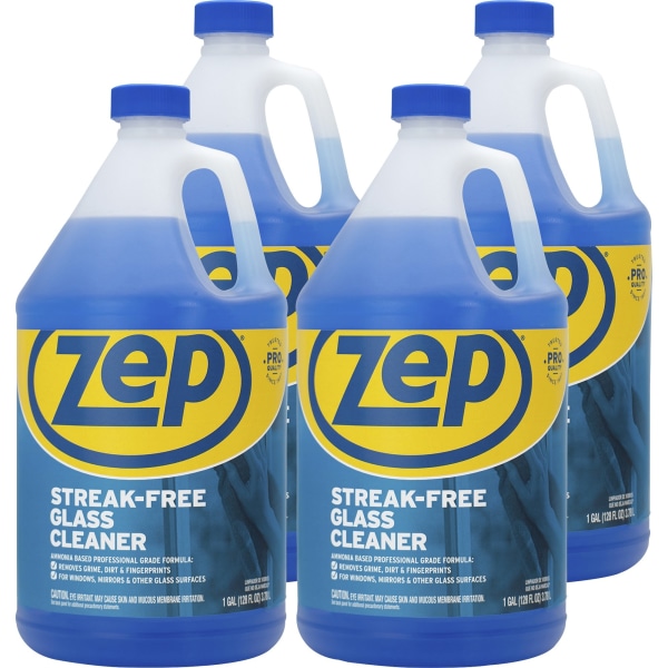 Zep Streak-Free Liquid Glass Cleaner, 128 Oz Bottle, Blue, Box Of 4