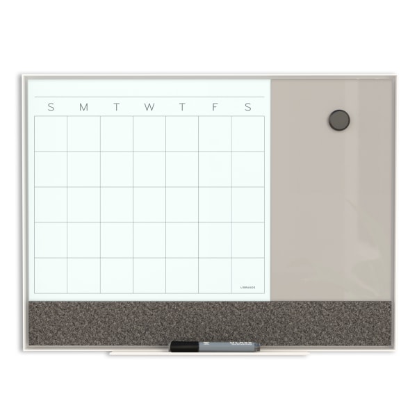 U Brands 3N1 Framed Monthly Calendar White Magnetic Glass Calendar Board with Splits Gray Glass Board and Felt Strip, 24 X 18, White/Gray Board, Wh