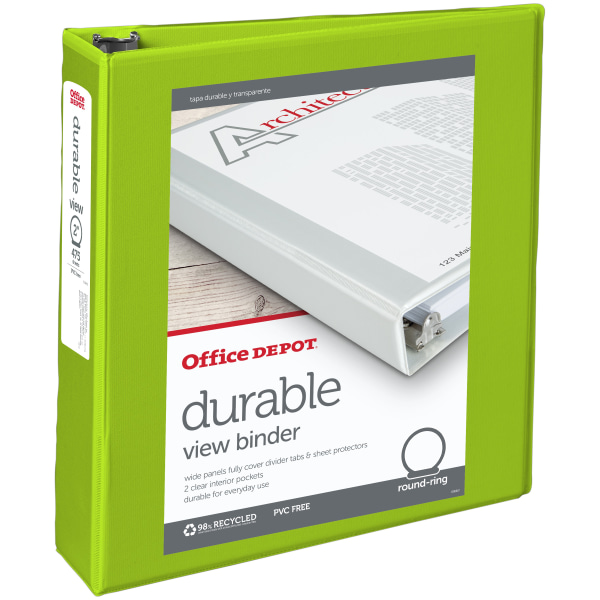 Office Depot® Brand Durable View 3-Ring Binder, 2"" Round Rings, Green -  OD06617