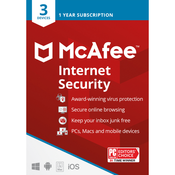 McAfee® Internet Security, For 3 Devices, Antivirus Software, 1-Year Subscription, Product Key