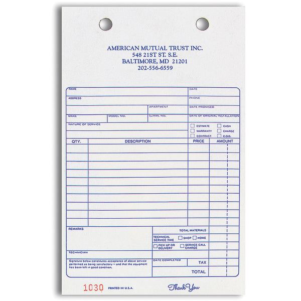 Custom Carbonless Business Forms, Pre-Formatted, Service Invoice Forms, 5-3/8"" x 8 1/2"", 2-Part, Box Of 250 -  Taylor, FRF7412