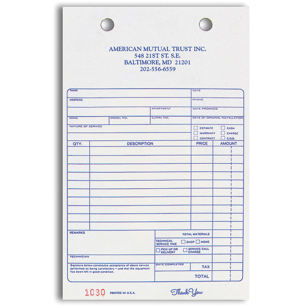 Custom Carbonless Business Forms, Pre-Formatted, Service Invoice Forms, 5-3/8"" x 8 1/2"", 3-Part, Box Of 250 -  Taylor, FRF7413
