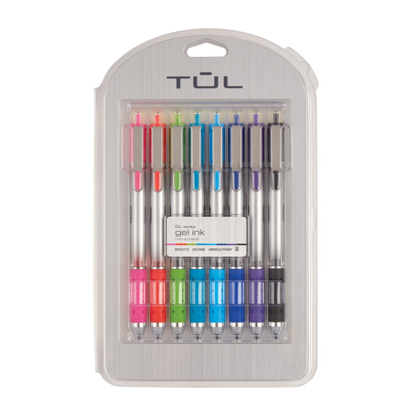 TUL GL Series Retractable Gel Pens, Needle Point, 0.5 mm, Silver Barrel, Assorted Bright Inks, Pack Of 8 Pens