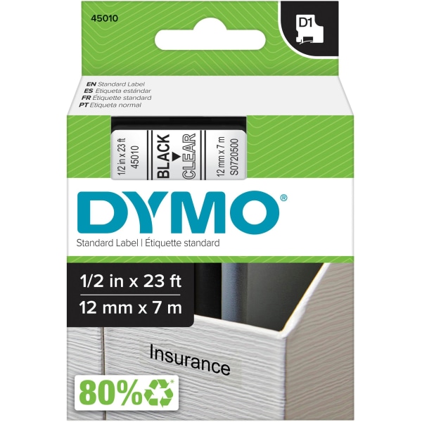 DYMO D1 Standard 45010 Label Maker Tape, 1/2 x 23, Black on Clear, Polyester | Quill