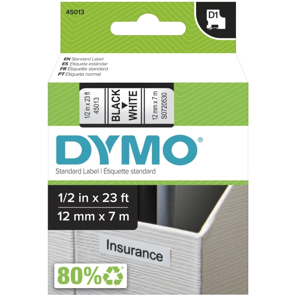 DYMO D1 Standard 45013 Label Maker Tape, 1/2 x 23, Black on White (45013), White/Black | Quill