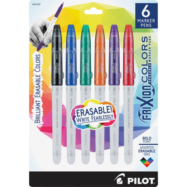 Pilot FriXion Colors Erasable Marker Pens - 2.5 mm Bold Pen Point - Erasable - Black, Blue, Red, Green, Orange, Purple Ink - White Barrel - 6 / Pack
