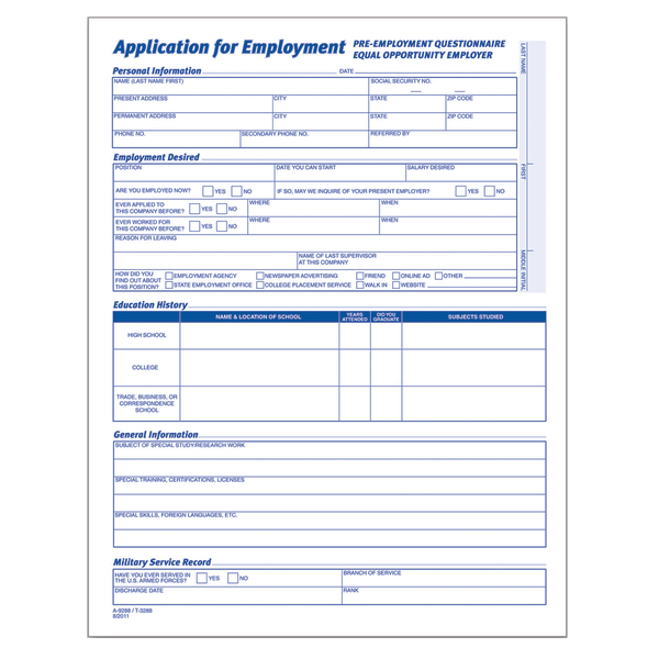Adams&reg; Application For Employment, 8 1/2&quot; x 11&quot;, Pack Of 25 222968