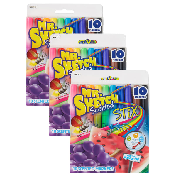 Mr. Sketch Scented Stix Markers, Bullet Point, Assorted Colors, 10 Markers Per Pack, Set Of 3 Packs -  SAN1905313-3