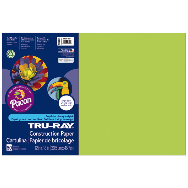 Tru-Ray Construction Paper, 50% Recycled, 12 x 18, Brilliant Lime, Pack Of 50