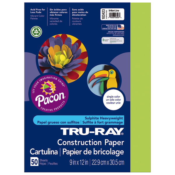 Tru-Ray Construction Paper, 50% Recycled, 9 x 12 Brilliant Lime, Pack Of 50