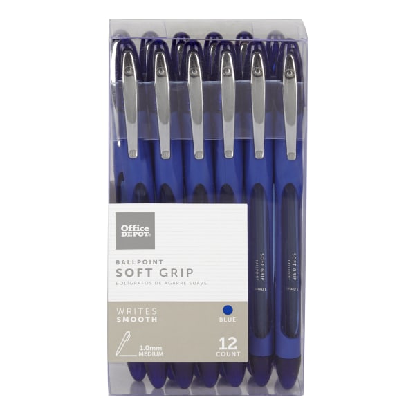 Office Depot Soft-Grip Retractable Ballpoint Pens, Medium Point, 1.0 mm,  Clear Barrel, Blue Ink, Pack Of 12 