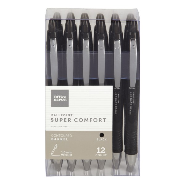 Office Depot® Brand Super Comfort Grip Retractable Ballpoint Pens, Medium Point, 1.0 mm, Black Barrel, Black Ink, Pack Of 12 -  AH534-12-B