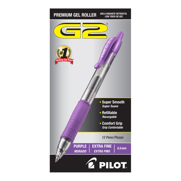 Pilot® G2 Retractable Rollerball Pens, Extra Fine Point, 0.5 mm, Clear Barrel, Purple Ink, Pack Of 12 Pens