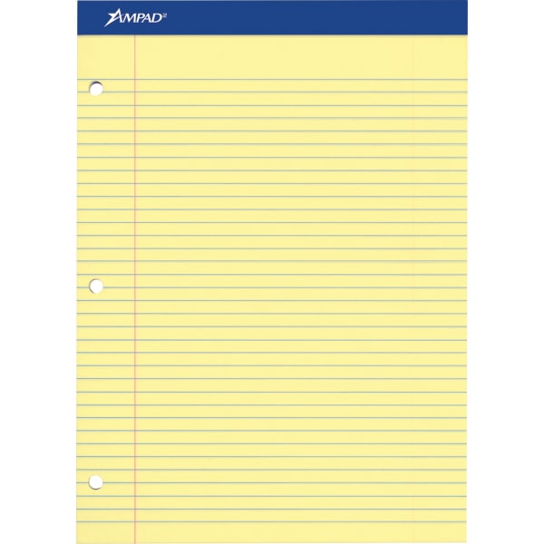 Ampad Perforated 3 Hole Punched Ruled Double Sheet Pad, Wide/Legal Rule, 100 Sheets, 8 1/2" x 11", Canary Yellow