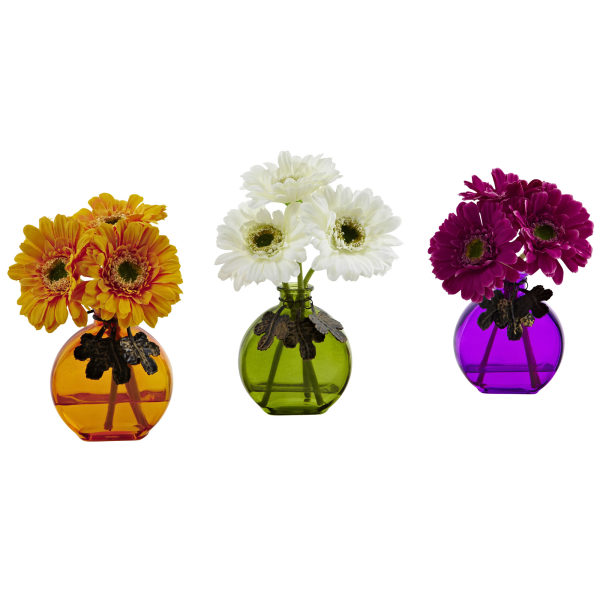 Nearly Natural Gerbera Daisy 9""H Artificial Floral Arrangements With Colored Vases, 9""H x 5-1/2""W x 6""D, Multicolor, Set Of 3 -  4825-S3