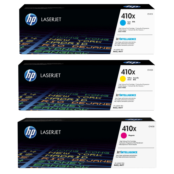 HP 410X Cyan; Magenta; Yellow High Yield Toner Cartridges Combo, Pack Of 3, CF411X, CF412X, CF413X