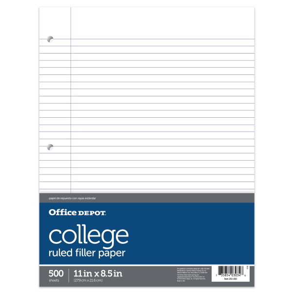 Office Depot� Brand Ruled Filler Paper, 8 1/2" x 11", College Ruled, White, Ream Of 500 Sheets