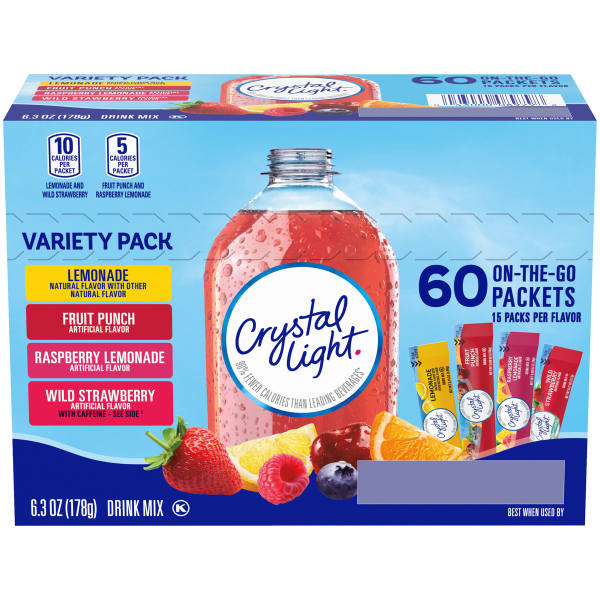 Crystal Light Lemonade  Fruit Punch  Raspberry Lemonade & Wild Strawberry Powdered Drink Mix Variety Pack  60 ct On-the-Go-Packets