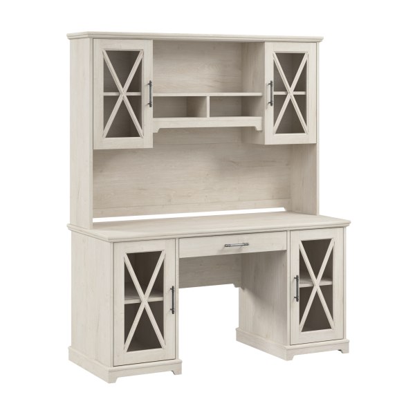 Bush Business Furniture Lennox 60""W Farmhouse Computer Desk With Hutch And Keyboard Tray, Linen White Oak, Standard Delivery -  LEN004LW