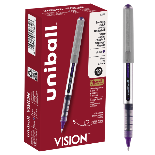 uni-ball Vision Rollerball Pens, Fine Point, 0.7 mm, Gray Barrel, Violet Ink, Pack Of 12