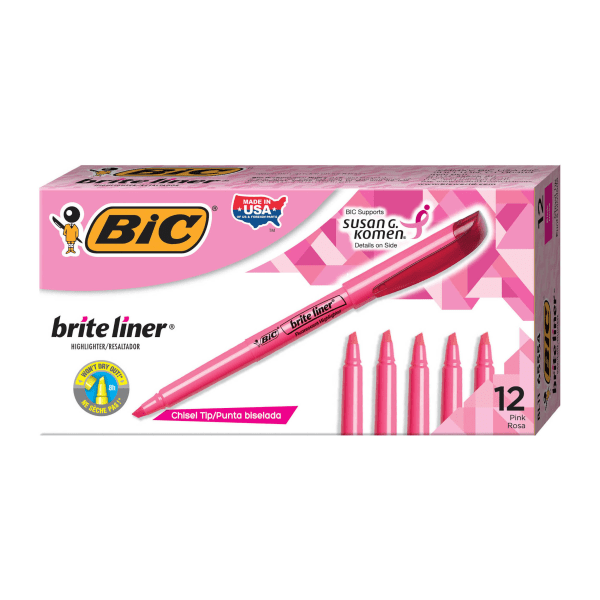 BIC&reg; Brite Liner&reg; Highlighters, Chisel Tip, Pink Box Of 12 BICBL11PK