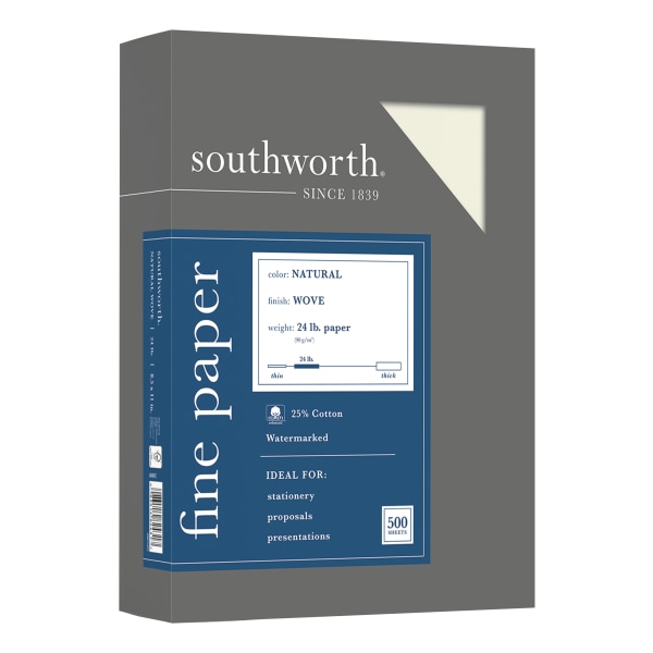 Southworth&reg; 25% Cotton Business Paper, 8 1/2&quot; x 11&quot;, 24 Lb, Natural, Box Of 500 SOU404NC