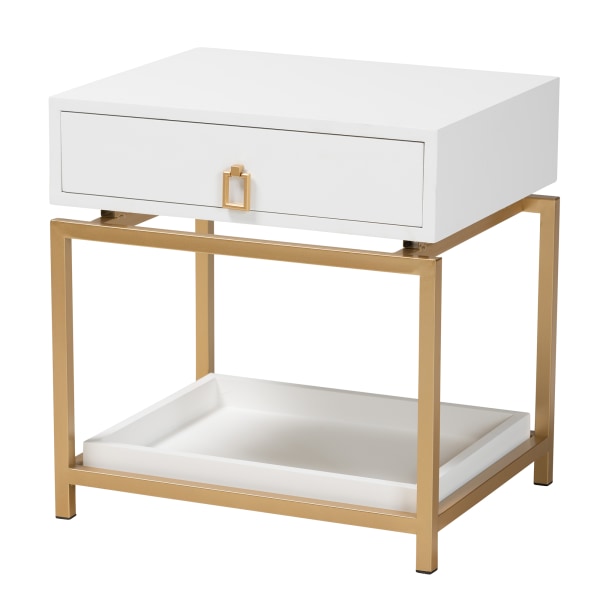 Baxton Studio Melosa Modern Glam Metal 1-Drawer End Table, 20-1/2""H x 19-3/4""W x 15-3/4""D,  White/Gold -  2721-12941