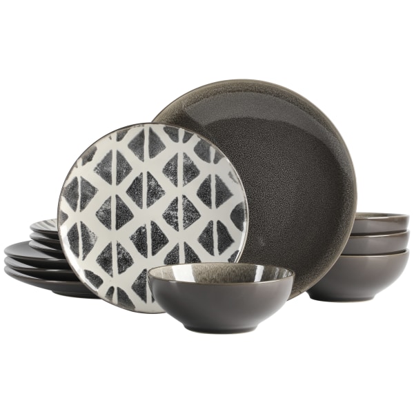 Spice By Tia Mowry Truffle Pepper 12Piece Stoneware Dinnerware Set BlackWhite