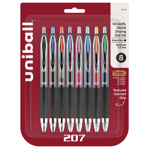 uni-ball 207 Retractable Fraud Prevention Gel Pens, Medium Point, 0.7 mm, Black Barrels, Assorted Ink Colors, Pack Of 8 - 40110 - Office Supplies Medium point 0.7 mm retractable gel pens blend det sku 40110
