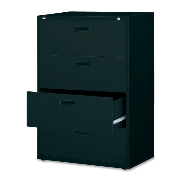 Lorell Lateral File - 4-Drawer 30  x 18.6  x 52.5  - 4 x Drawer for File - A4  Legal  Letter - Adjustable Glide  Ball-Bearing Suspension  Label Holder - Black - Steel - Recycled