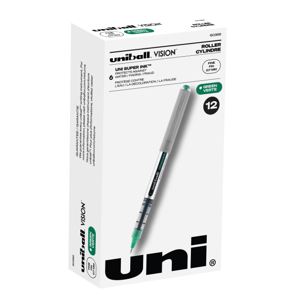 uniball Vision Rollerball Pens - Fine Pen Point - 0.7 mm Pen Point Size - Green Pigment-based Ink - Stainless Steel Tip - 1 / Dozen