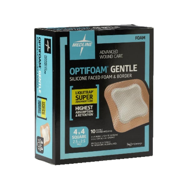Medline Optifoam® Gentle Silicone-Faced Foam & Border With Liquitrap™ Core Dressings, 4"" x 4"", Natural, Box Of 10 -  MSC2344EPZ