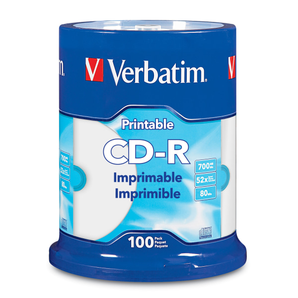 verbatim® cd-r printable disc spindle white pack of 100