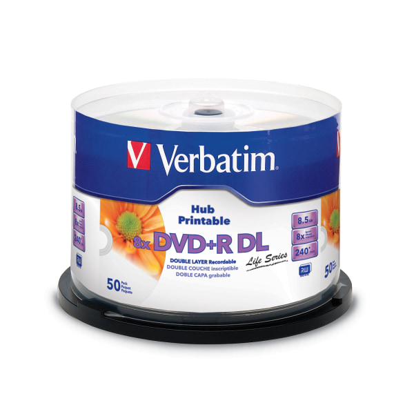Verbatim DVD+R DL 8.5GB 8X White Inkjet Hub Printable 50pk Spindle -  97693