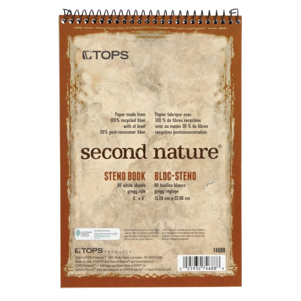 TOPS Second Nature Steno Books, 6" x 9", Gregg Ruled, 160 Pages (80 Sheets), 100% Recycled, White