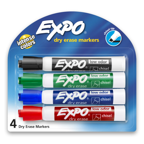 EXPO Low-Odor Dry-Erase Markers, Chisel Point, Assorted Colors, Pack Of 4 Markers