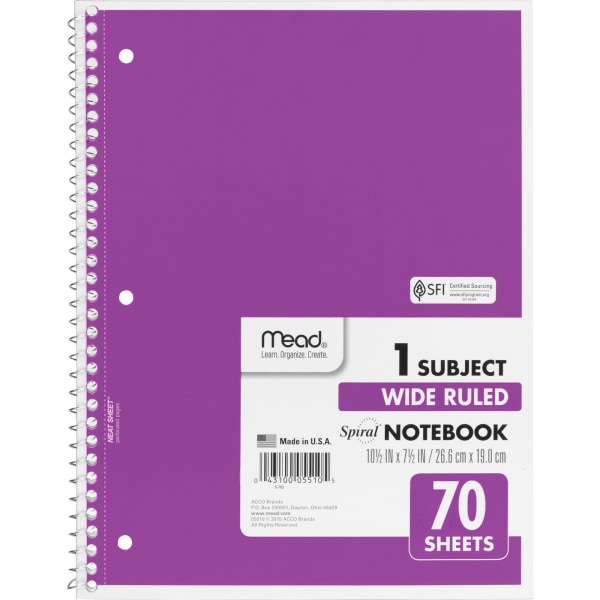 Mead Spiral Notebook, 8" x 10 1/2", 1 Subject, Wide Ruled, 70 Sheets, Assorted Colors