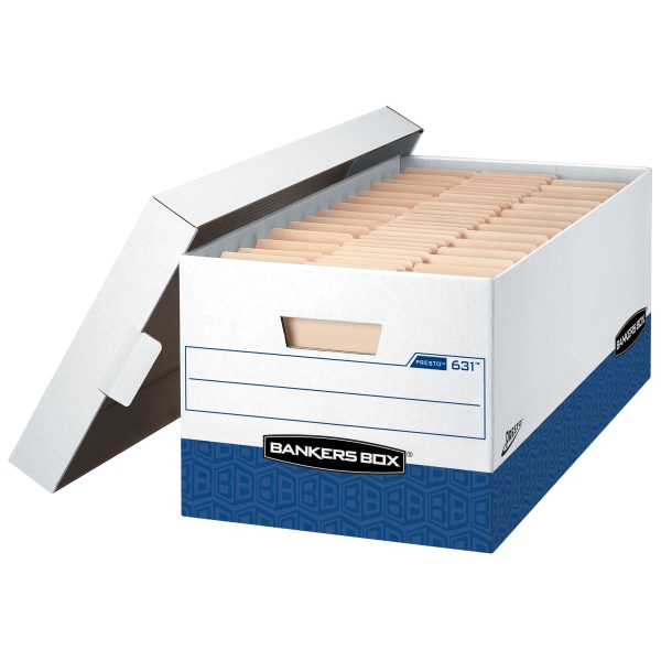 Bankers Box&reg; Presto&trade; Heavy-Duty Storage Boxes With Locking Lift-Off Lids And Built-In Handles, Letter Size, 24&quot; x 12&quot; x 10&quot;, 60% Recycled, White/Blue, Case Of 12 FEL0063101