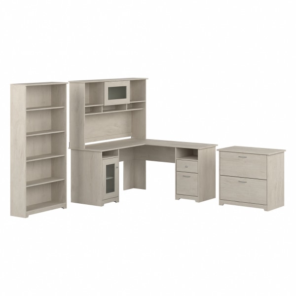 Bush Business Furniture Cabot 60""W L-Shaped Corner Desk With Hutch, Lateral File Cabinet And 5-Shelf Bookcase, Linen White Oak, Standard Delivery -  CAB010LW