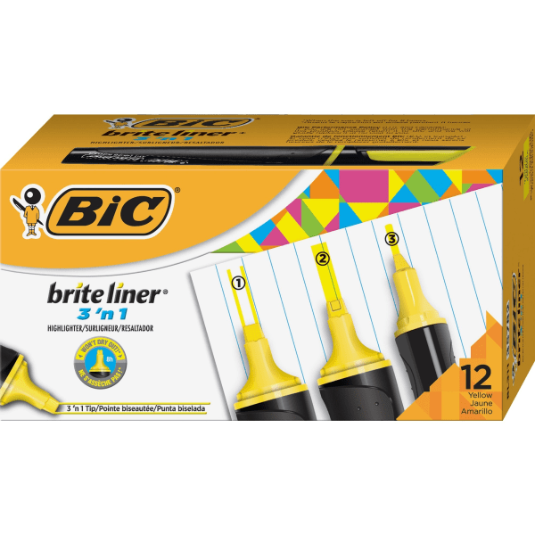 UPC 070330357822 product image for BIC Brite Liner 3-n-1 Highlighters, Yellow, Pack Of 12 | upcitemdb.com