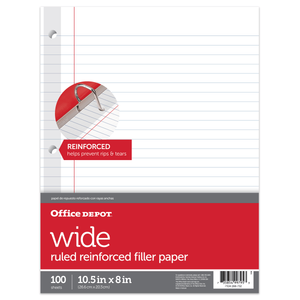Office Depot Brand Reinforced Filler Paper, 8 x 10 1/2, 16 Lb, Wide Ruled, White, Pack Of 100 - YG1410241 - Vehicles and Parts 3-hole-punched Office Depot Brand filler paper wil sku YG1410241