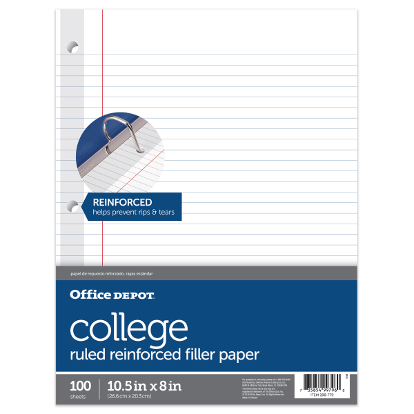 Office Depot Brand Reinforced Filler Paper, 8 x 10 1/2, College Ruled, White, Pack Of 100