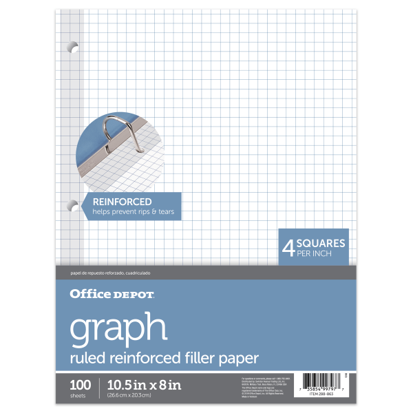 Office Depot Brand Reinforced Filler Paper, 8 x 10 1/2, 16 Lb, Quadrille Ruled, White, Pack Of 100