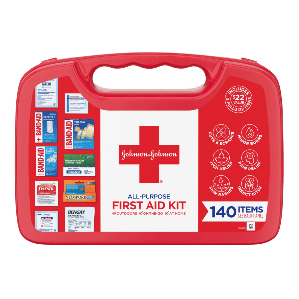 Band-Aid Johnson & Johnson All-Purpose Portable Compact First Aid Kit for Minor Cuts, Scrapes, Sprains & Burns, Ideal for Home, Car, Travel and Outdoor Emergencies, 140 Count (B01M09COIF)