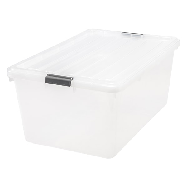 IRIS® Buckle Down Plastic Storage Container With Built-In Handles And Snap Lid, 68 Quarts, 11 3/4" x 17 1/4" x 26 1/8", Clear